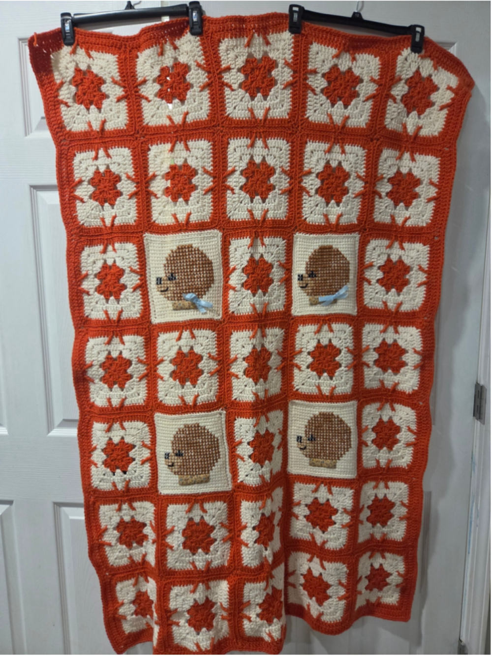 Unbranded Handmade Crochet Hedgehog Throw Blanket One Size Orange Beige 34x59